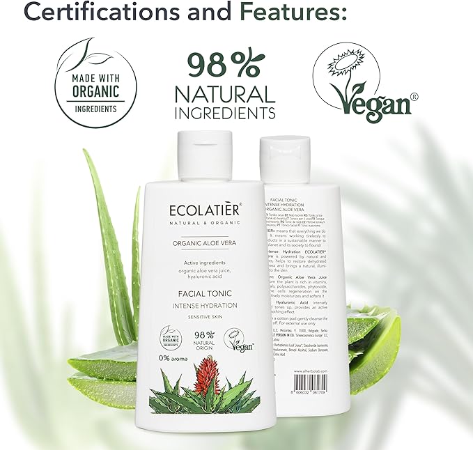Organic Aloe Vera Facial Toner - 98% Natural Ingredients - Intense Hydration, Hyaluronic Acid, 98% Natural, Vegan - Deep Moisture, Refreshes, and Revitalizes The Skin - 8.5 Fl Oz / 250ml-FemmiqueWomen