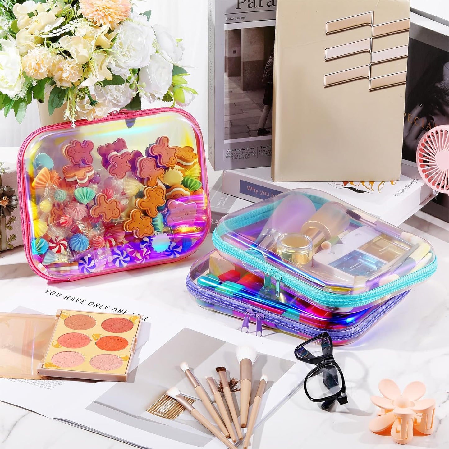 Hoolerry 3 Pcs Clear Hard Zipper Case Plastic Pouch Transparent Hard Case Clear Makeup Bag Portable Travel Organizer Bin for Cosmetics, Building Blocks, Puzzles(Laser,M)-FemmiqueWomen