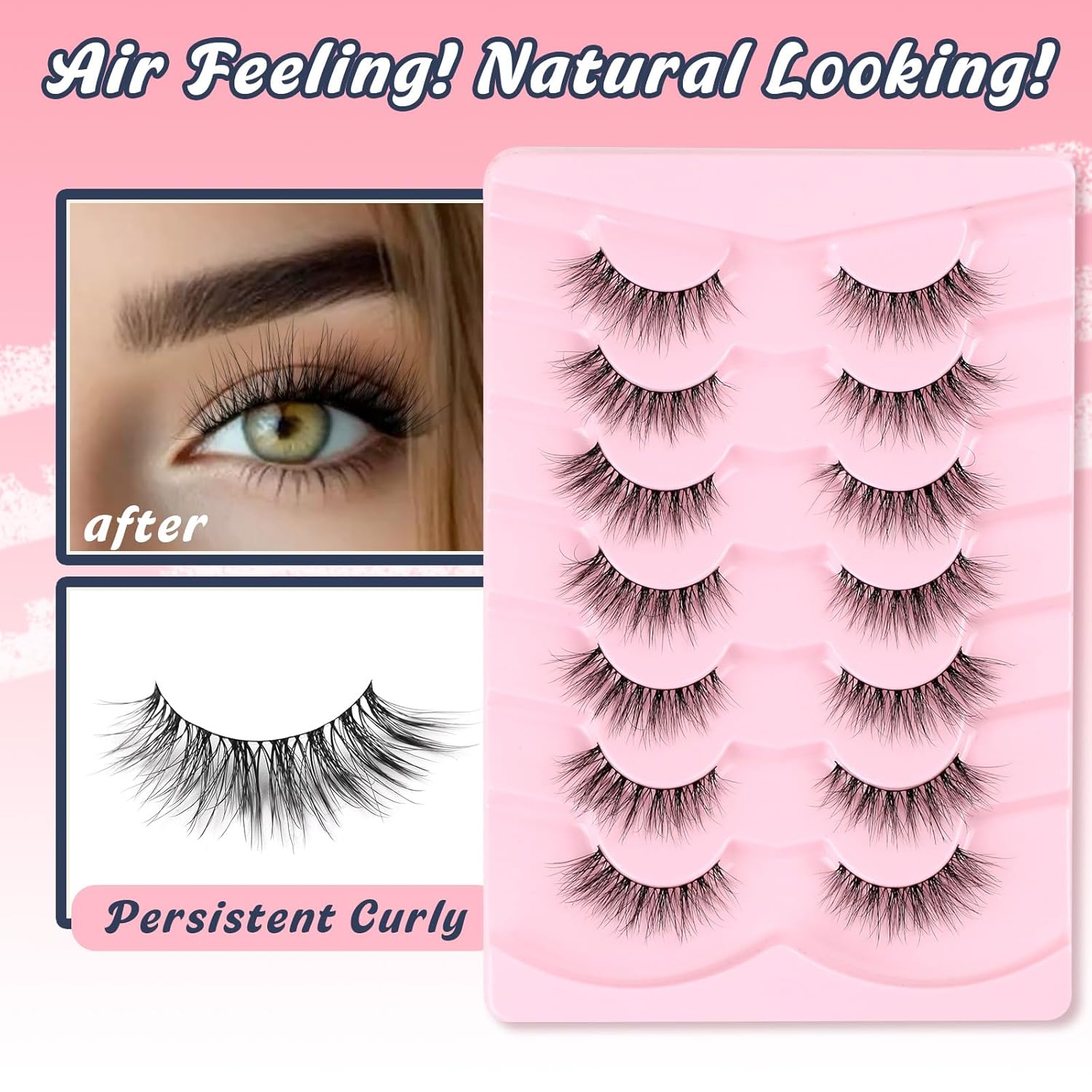 Natural Cat Eye Lashes Wispy Eyelashes 14mm Lightweight False Eyelashes 3D Volume Natural Strip Lashes 0.1mm Thin Cotton Band Lashes Pack C Curl Soft Lashes 7 Pairs Siligli-FemmiqueWomen