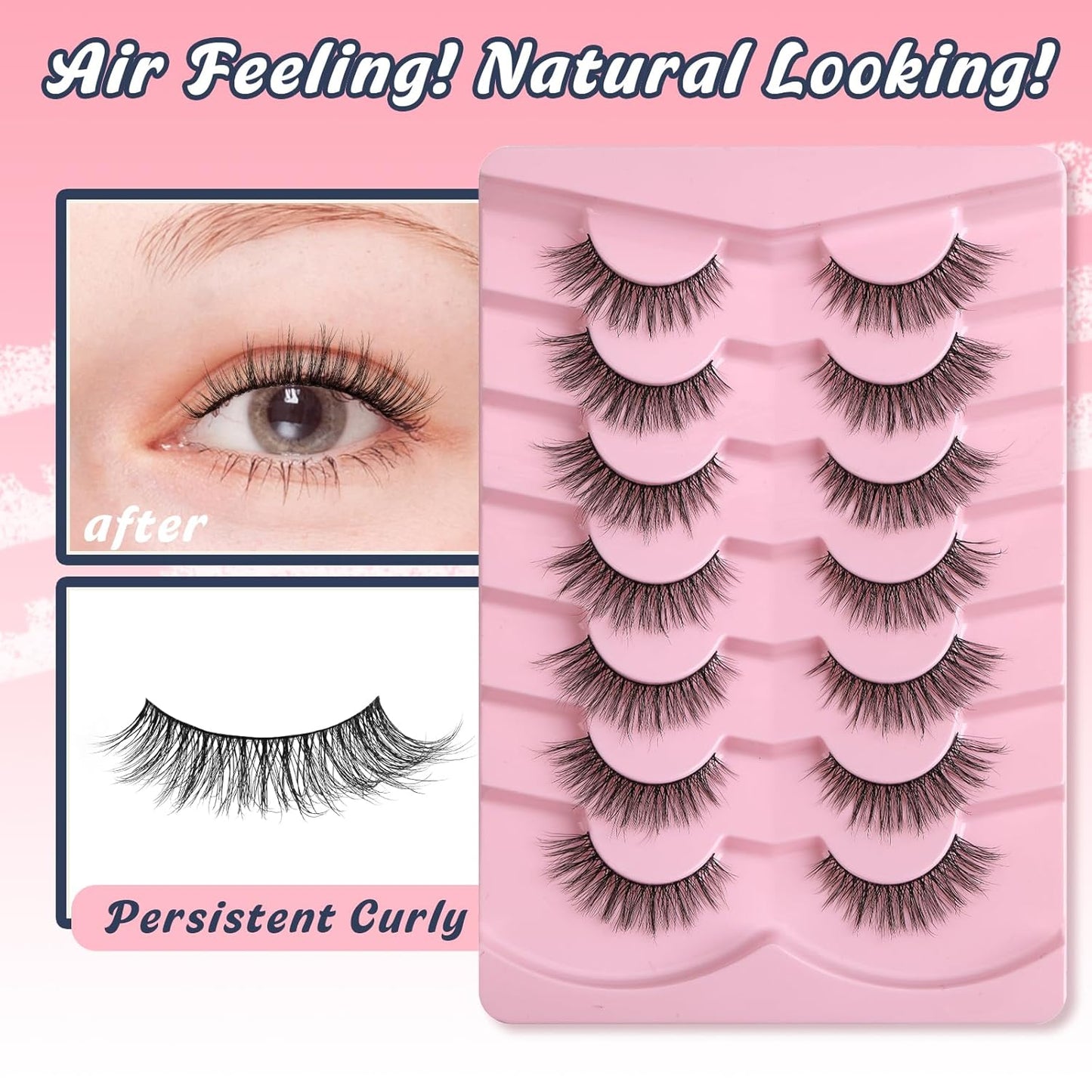 Eyelashes Natural Cat Eye Lashes 16mm Flase Eyelashes Flared Strip Lashes Fluffy False Lashes That Look Like Extensions C Curl Wispy Lashes Siligli Soft Lashes Pack 7 Pair-FemmiqueWomen