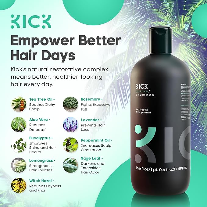 Kick Mens Shampoo - Peppermint & Tea Tree for Oil Control - Sulfate-Free, Refreshing Formula - Anti-Dandruff and Scalp Soothing - Shampoo for Oily Hair - Cruelty-Free - 16.6oz-FemmiqueWomen