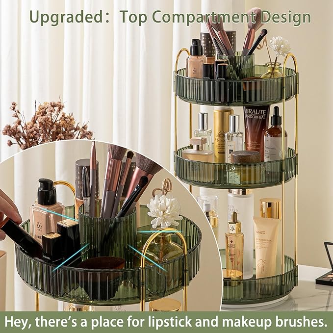 Rotating Makeup Organizer for Vanity, High-Capacity Skincare Clear Make Up Storage Perfume Organizers Cosmetic Dresser Organizer Countertop 360 Spinning (Green, New-3 Tier)-FemmiqueWomen