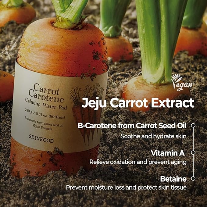 SKINFOOD Carrot Carotene Calming Water Toner Pads, Korean Skin Care Toner Pad for Face, Deep Hydrating, Soothing, After Sun Skincare for Sensitive Skin, Redness Relief, 100% Cotton, 8.81 oz (60 Pads)-FemmiqueWomen