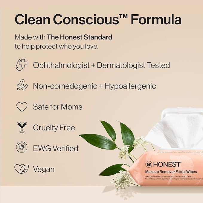 Honest Beauty Fragrance Free Cleansing Makeup Remover Facial Wipes | Plant Based, Hypoallergenic, Gentle for Sensitive Skin | 30 Count-FemmiqueWomen