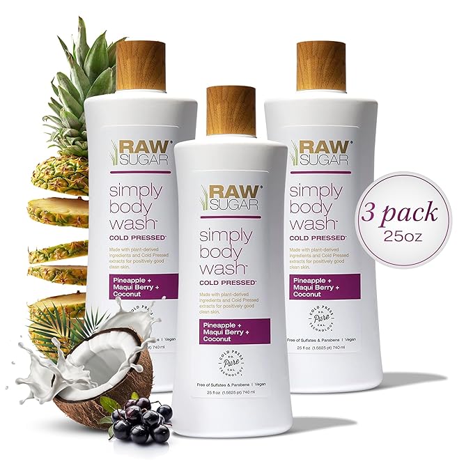RAW SUGAR Simply Body Wash - Pineapple + Maqui Berry + Coconut, Moisturizing & Brightening Bath & Shower Gel, Sulfate-Free, Paraben-Free & Vegan (Pack of 3)-FemmiqueWomen