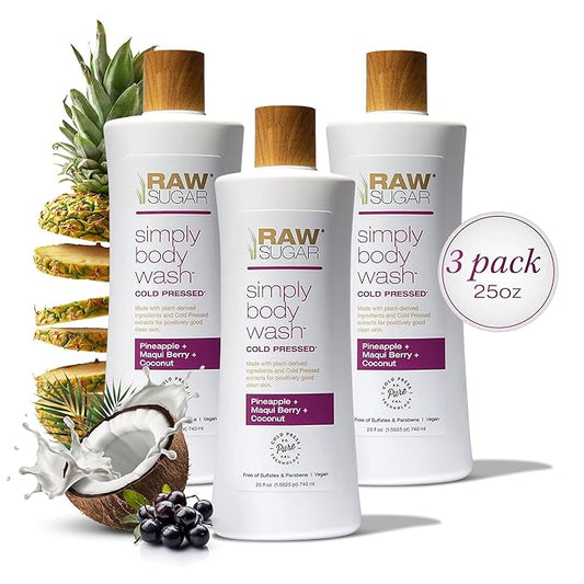 RAW SUGAR Simply Body Wash - Pineapple + Maqui Berry + Coconut, Moisturizing & Brightening Bath & Shower Gel, Sulfate-Free, Paraben-Free & Vegan (Pack of 3)-FemmiqueWomen