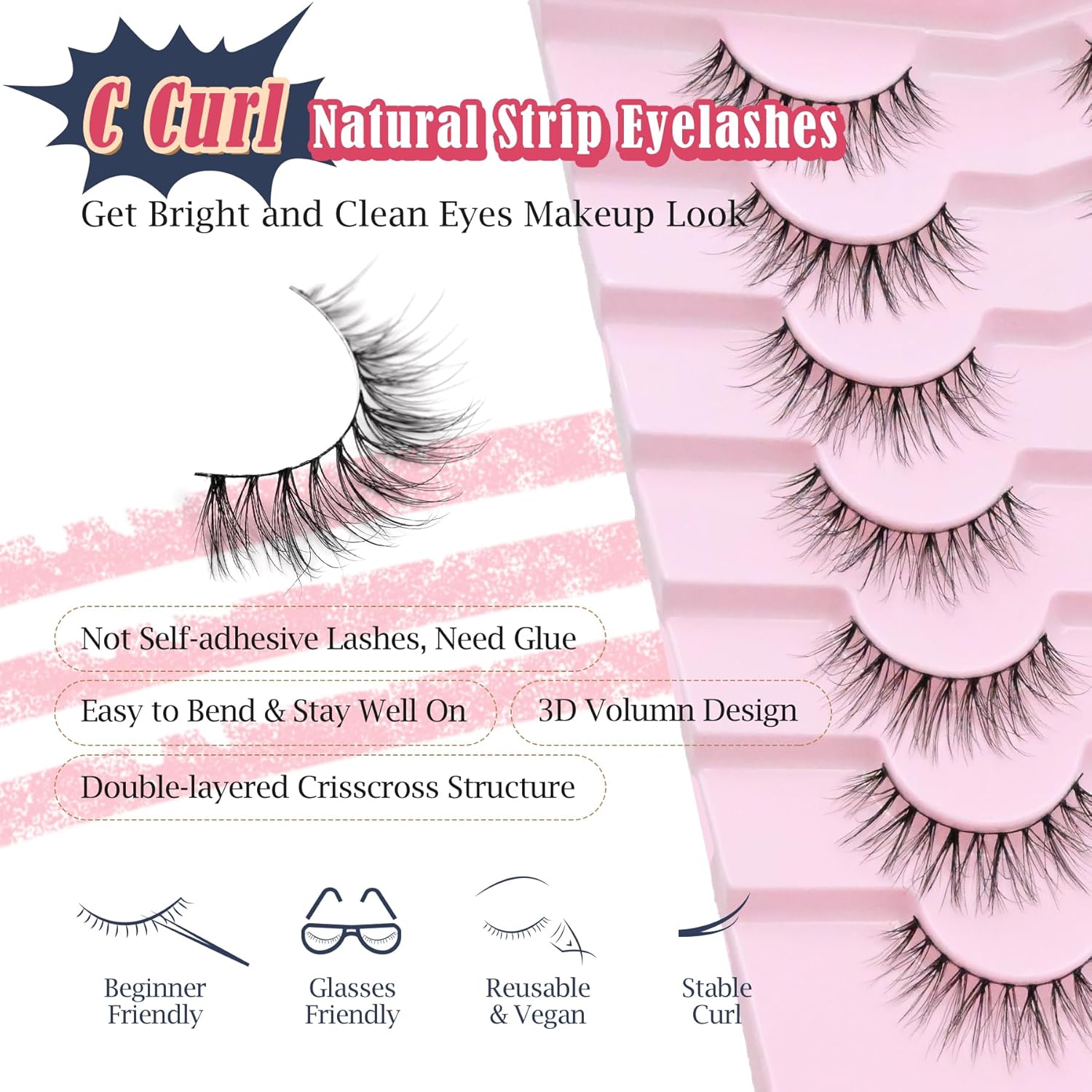 Natural Lashes False Eyelashes 10MM Short Lashes for Small Eyes C Curl Fake Eyelashes Thin Cotton Band 3D Volume Strip Lash Pack Soft Eyelashes 7 Pairs Siligli-FemmiqueWomen