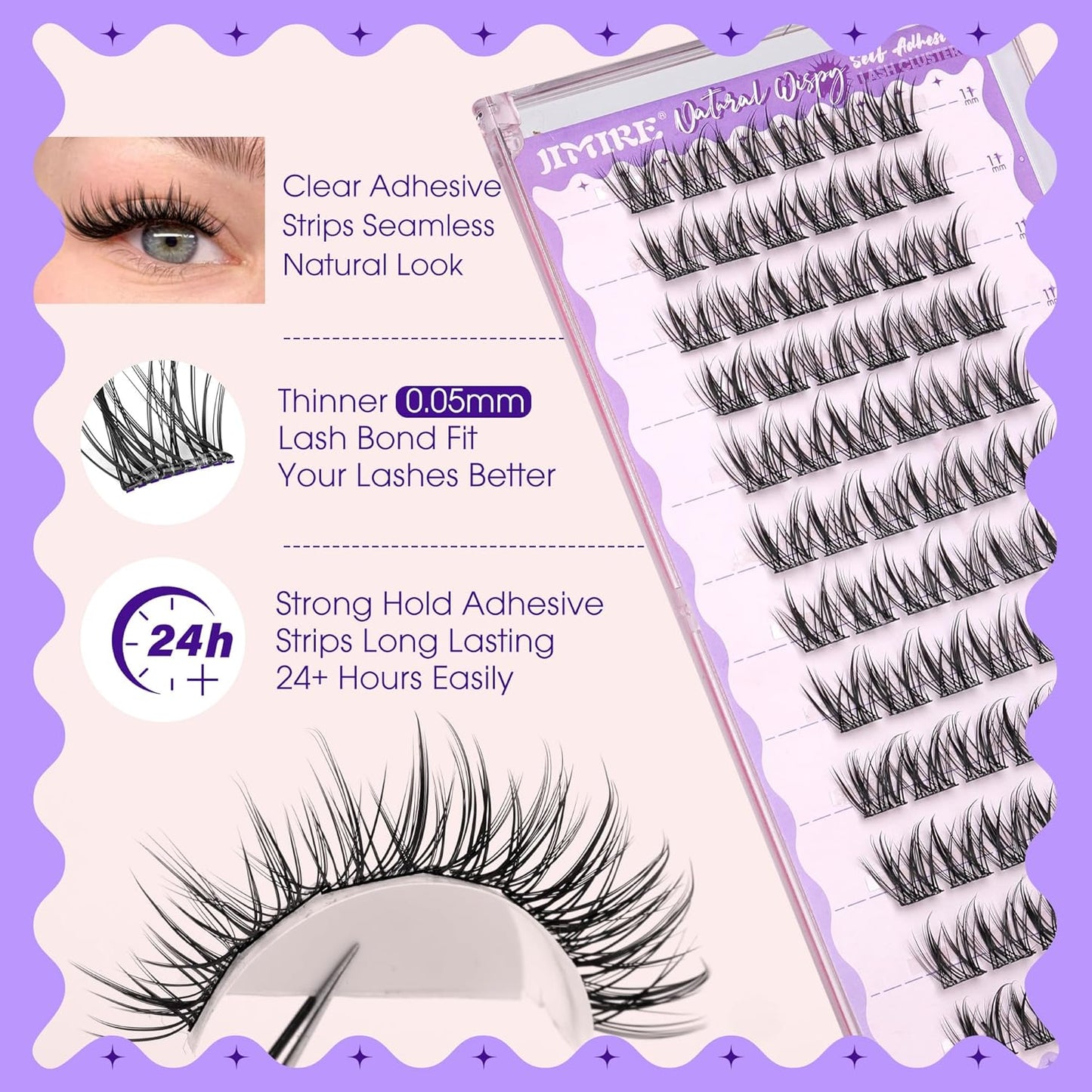 JIMIRE Self Adhesive Eyelashes Manga Lash Clusters Natural Look 11-13MM Wispy Pre Glued Lashes Clusters No Glue Needed Press on Lashes Reusable Invisible Band Fluffy Cluster Eyelash Extensions-FemmiqueWomen