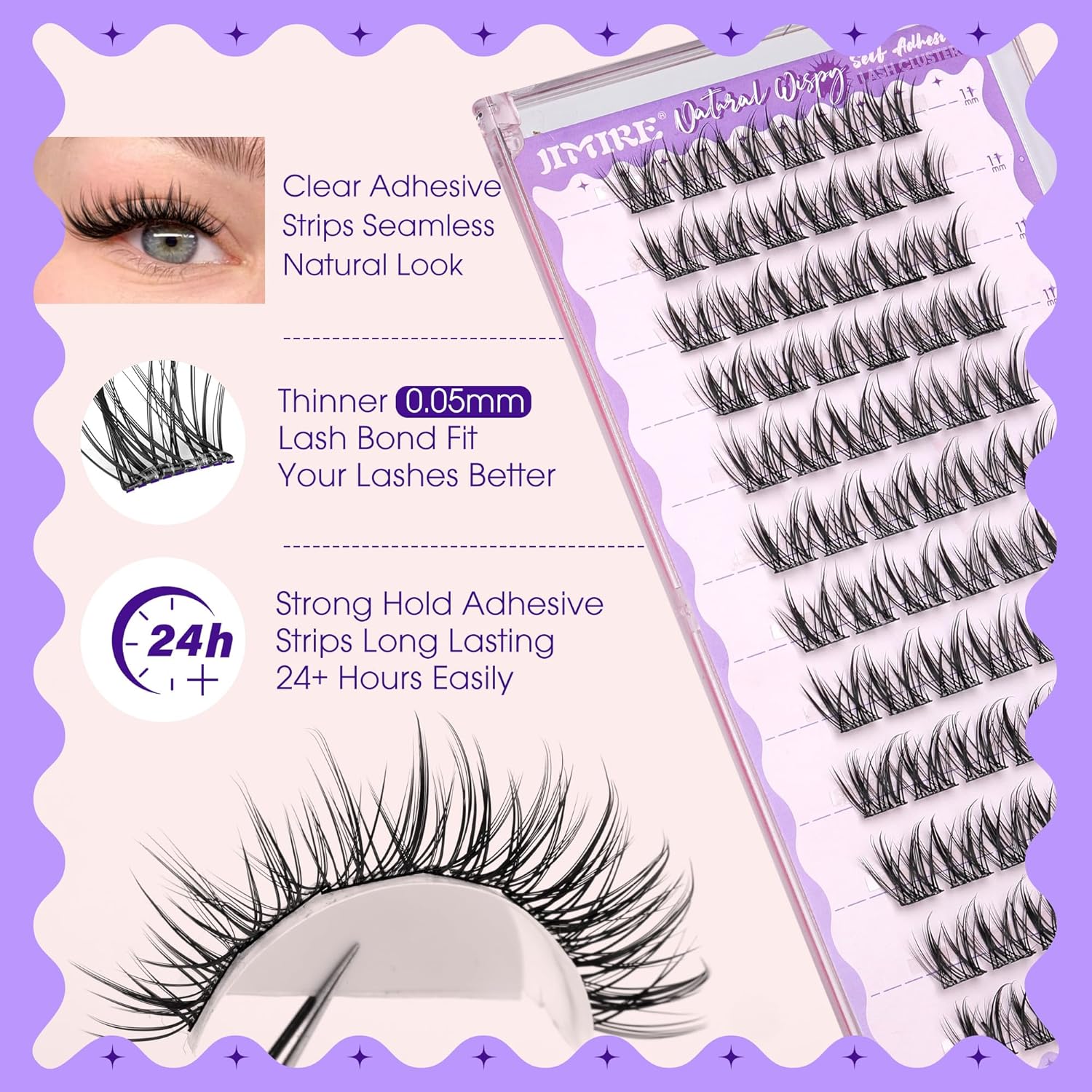 JIMIRE Self Adhesive Eyelashes Manga Lash Clusters Natural Look 11-13MM Wispy Pre Glued Lashes Clusters No Glue Needed Press on Lashes Reusable Invisible Band Fluffy Cluster Eyelash Extensions-FemmiqueWomen