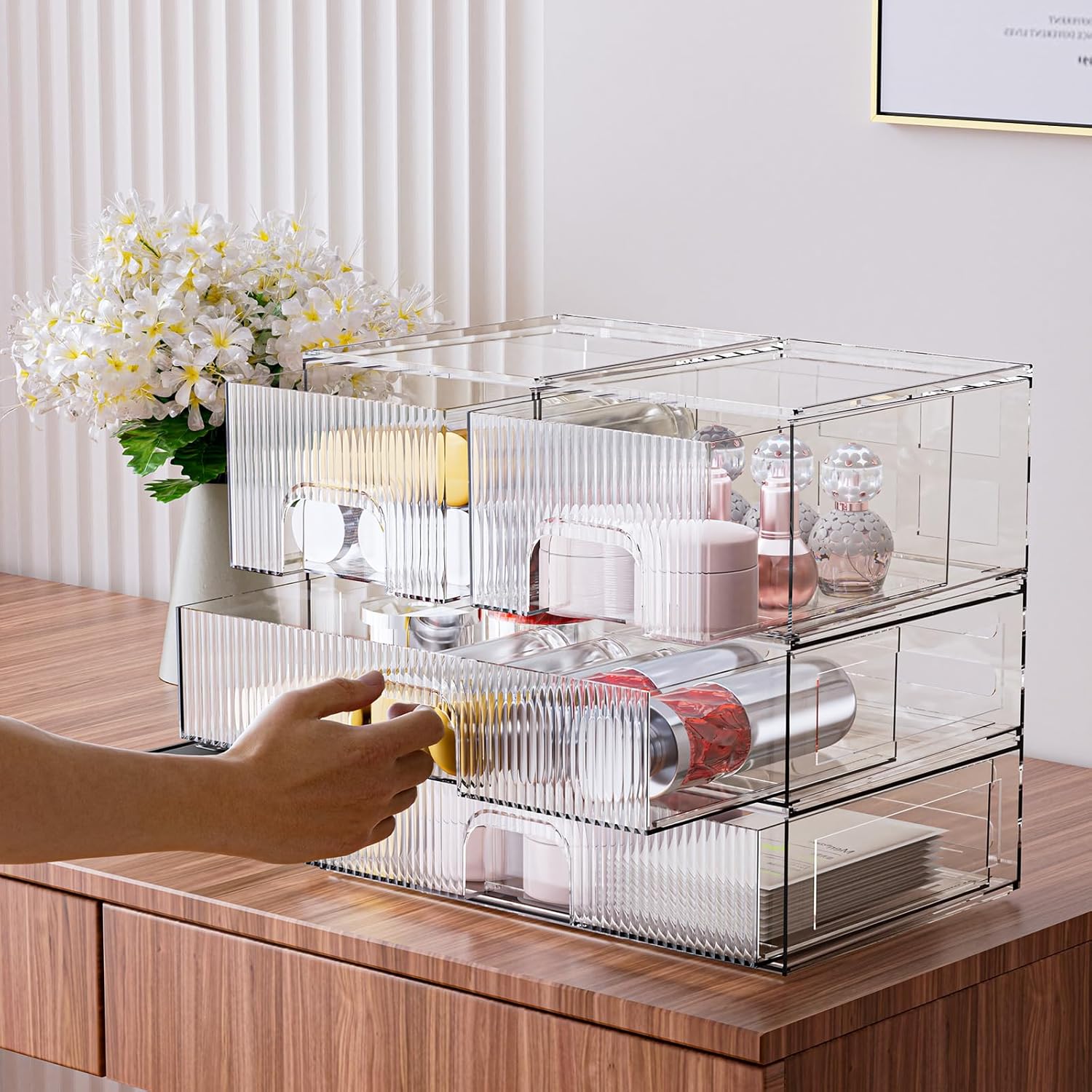 ZHIAI Stackable Storage Box, Acrylic Organizer, Cosmetic Organizer for Cosmetics and Beauty Products for Dressers, Bathrooms, Cabinets, Bedrooms and Home Organization 4 Piece Set-FemmiqueWomen