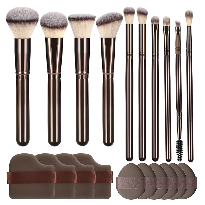 10 Piece Black brown Makeup Brushes and 10 Piece Makeup Sponge – Wooden Handle,with Soft Synthetic Bristles,|Professional Makeup Brushes set for Women & Girls|-FemmiqueWomen