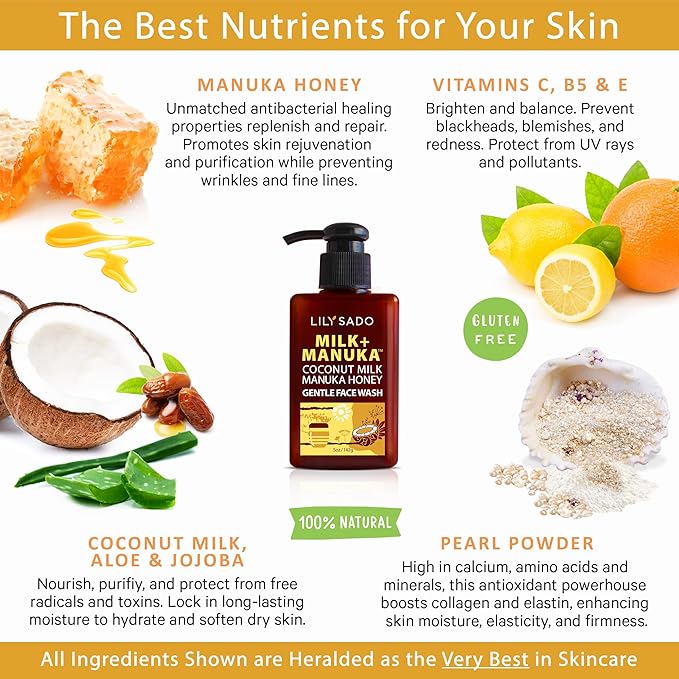 LILY SADO MILK+MANUKA™ Coconut Milk & Manuka Honey Gentle Gel Face Cleanser - Natural Cruelty-Free Facial Wash Cleanses, Balances, Soothes & Hydrates - Reduces Pores & Blackheads - 5oz-FemmiqueWomen
