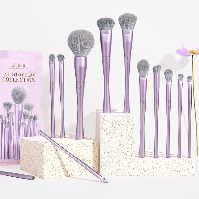 Jessup Makeup Brushes Set Professional 14pcs Vegan Make Up Brushes, Foundation Eyeshadow Concealer Contour Powder Blush Blending Eyeliner Brush, Premium Synthetic Fiber, Luxury Purple T512-FemmiqueWomen