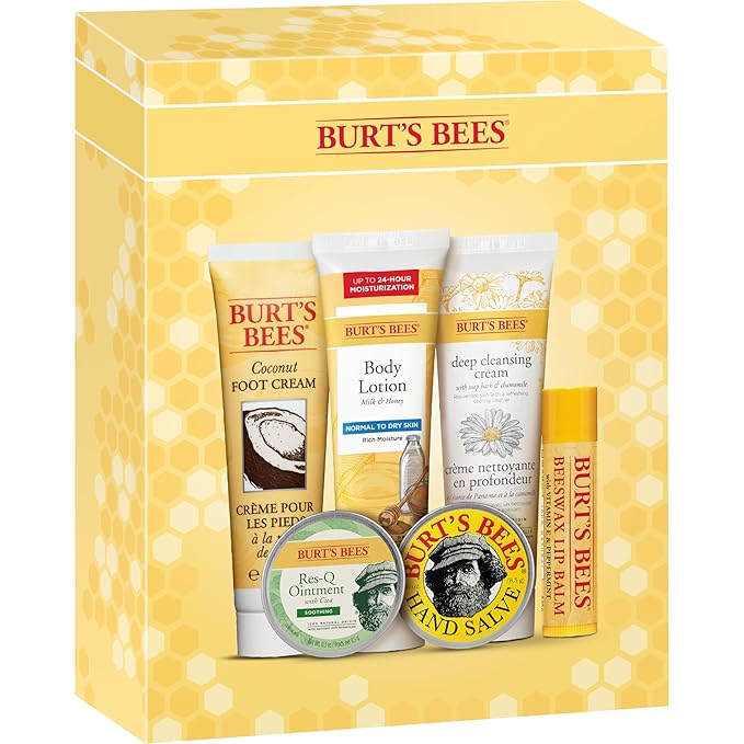 Burt's Bees Back to School Gifts Ideas, 6 College Dorm Products, Timeless Minis Set – Beeswax Lip Balm, Coconut Foot Cream, Milk & Honey Body Lotion, Deep Cleansing Cream, Res-Q Ointment & Hand Salve-FemmiqueWomen