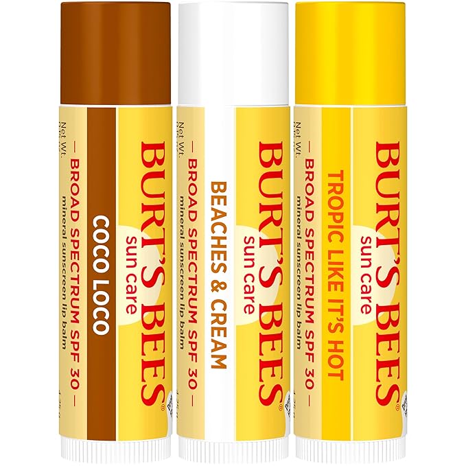 Burt’s Bees SPF 30 Lip Balm Mothers Day Gifts for Mom, Island Getaway - Coco Loco, Beaches & Cream, Tropic Like It's Hot, Water-Resistant Sun Care, Natural Origin Lip Treatment, 3 Tubes, 0.15 oz-FemmiqueWomen
