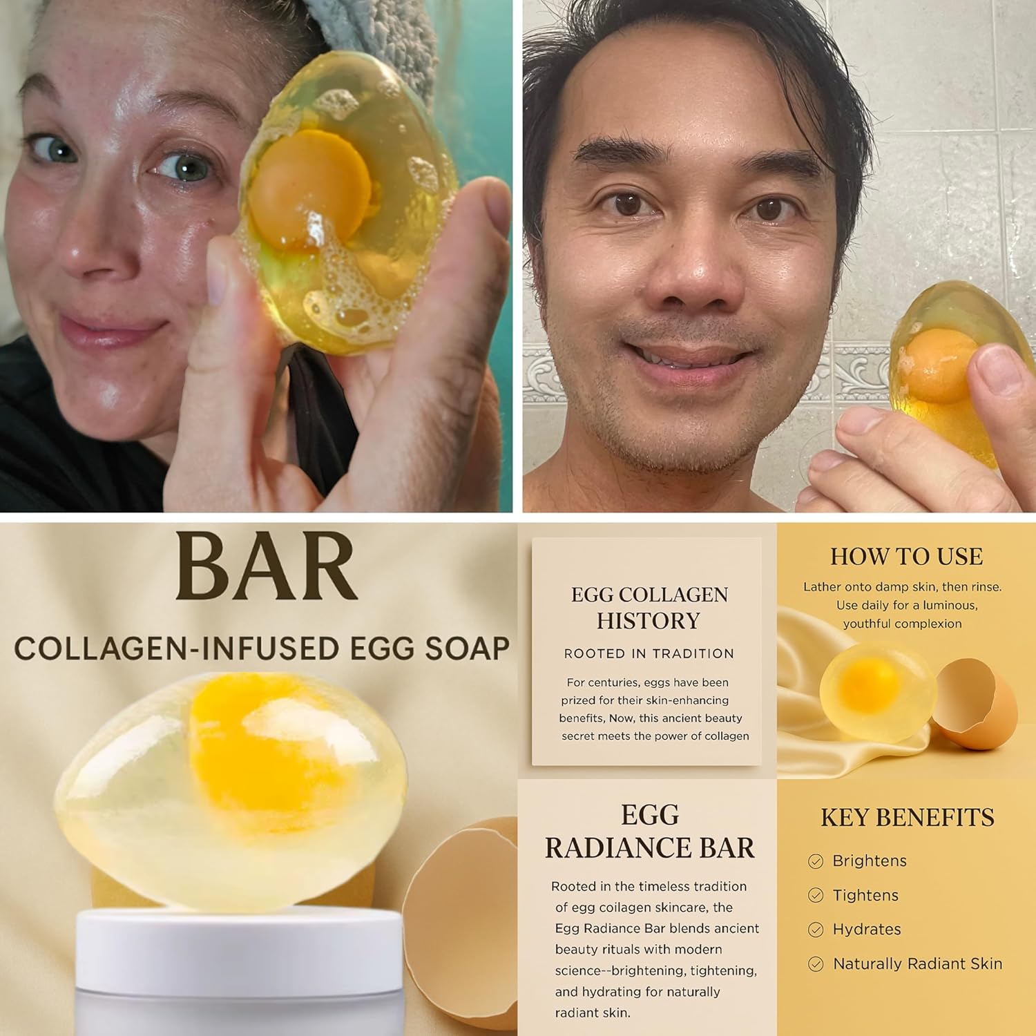 L & L Supplement EggSilk Egg Soap Radiance Bar with Yolk Extract | For Smooth, Glowing Skin | Gentle for Face & Body, All Skin Types | Sulfate-Free, Cruelty-Free, Clean Beauty | 80g-FemmiqueWomen
