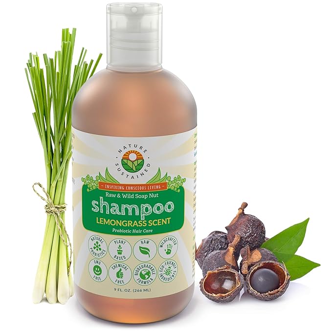 Organic Shampoo - Raw & Wildcrafted with Probiotics, Hypoallergenic Natural & Sulfate Free Shampoo for Sensitive Scalp, Dry Hair, Dandruff, Eczema & Psoriasis, 9oz, Lemongrass-FemmiqueWomen