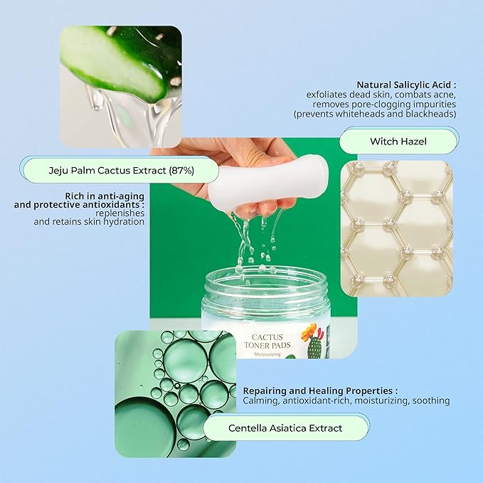 YADAH Cactus Toner Pads 5.07 Fluid Ounce 60 Count, Cruelty Free Facial Cleansing Exfoliator Toning Hydrating Treatment Wipes for Clear Pores Acne Prone Oily Dry Sensitive Skin-FemmiqueWomen