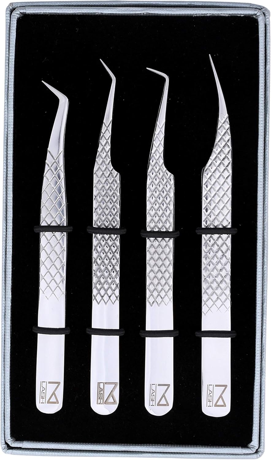 M LASH Eyelash Extension Tweezers (Set of 4) - Professional & Precision Lash Tweezers for Eyelash Extensions - Japanese Steel, Diamond Grip, Fiber Tip V3 (Silver)-FemmiqueWomen