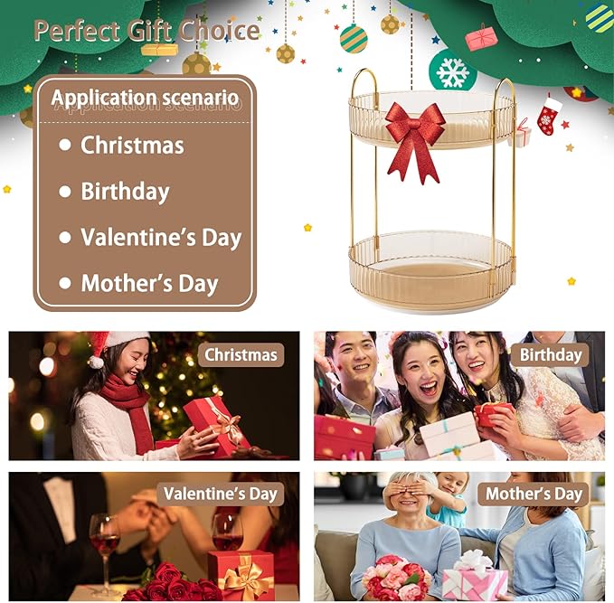 Rotating Makeup Organizer for Vanity, High-Capacity Skincare Clear Make Up Storage Perfume Organizers Cosmetic Dresser Organizer Countertop 360 Spinning (Gold, 2 Tier)-FemmiqueWomen