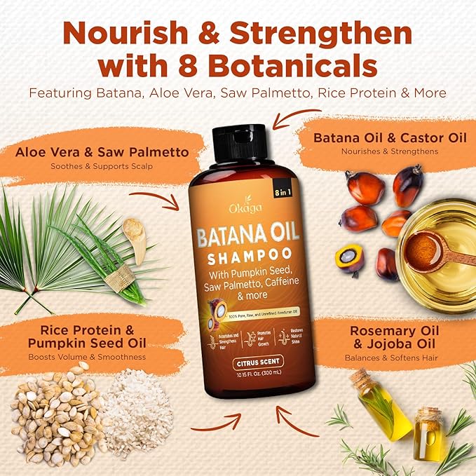 Batana Oil Shampoo for Hair Growth, Aloe Vera Leaf Juice, Saw Palmetto, Caffeine, Hydrolyzed Rice Protein, Pumpkin Seed, Castor & Rosemary Oils, 8-in-1 Natural Formula (10.15 fl oz Citrus Scent)-FemmiqueWomen
