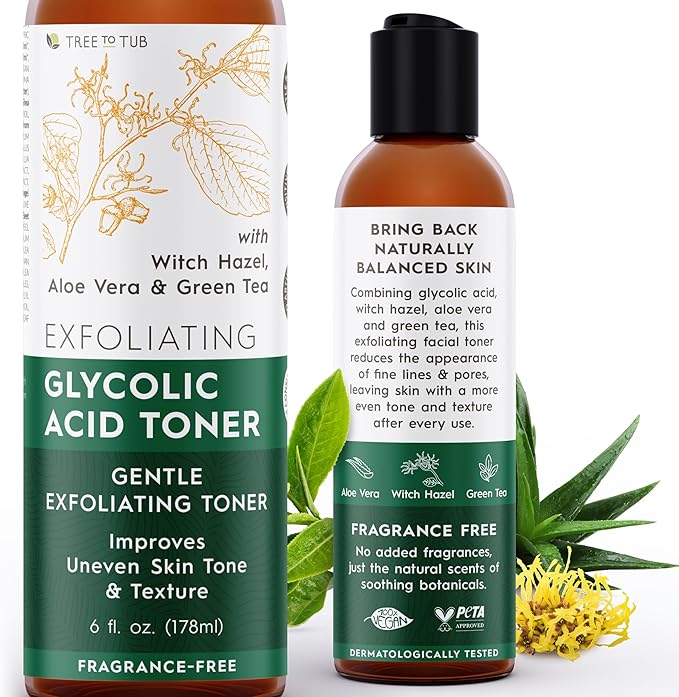 Tree To Tub Glycolic Acid Toner for Face w/Witch Hazel & Hydrating Aloe Vera for Smooth Skin - Minimizes Appearance of Fine Lines & Brightens - Vegan Exfoliating Toner for Women & Men-FemmiqueWomen