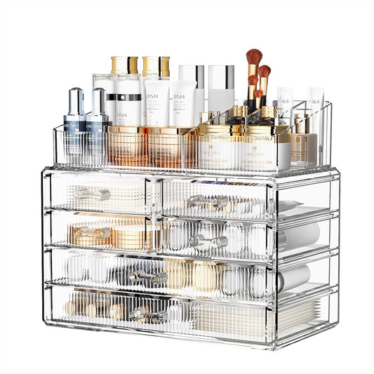 ZHIAI Stackable Storage Drawers, Acrylic Bathroom Counter Organizer Clear Makeup Organizers for Vanity, Kitchen Cabinets, Bathroom, Undersink, Home Organization and Storage (1 Top 6 Drawers)-FemmiqueWomen