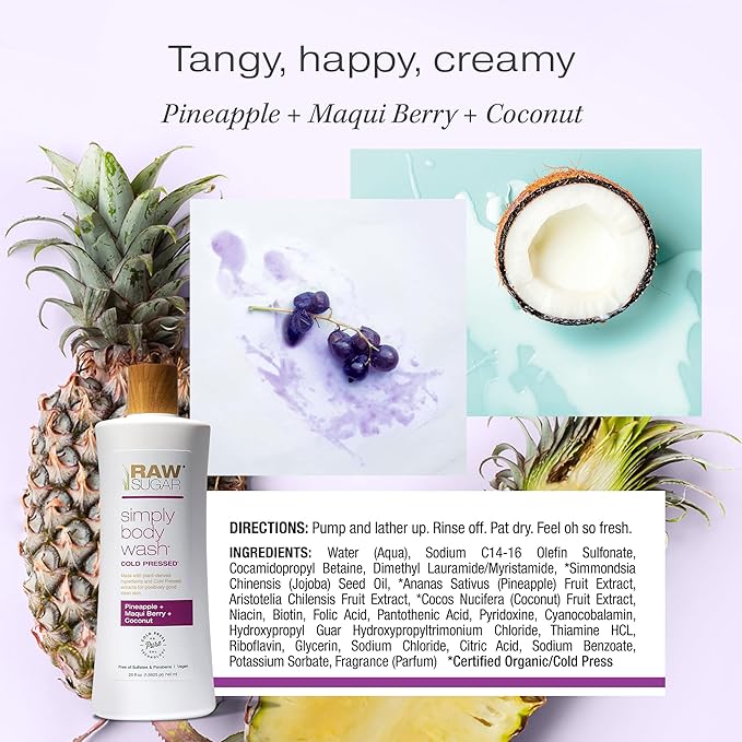 RAW SUGAR Simply Body Wash, (25 Fl Oz, Pack of 1) Bath Soap, Formulated without Sulfates & Parabens (Pineapple + Maqui Berry + Coconut)-FemmiqueWomen