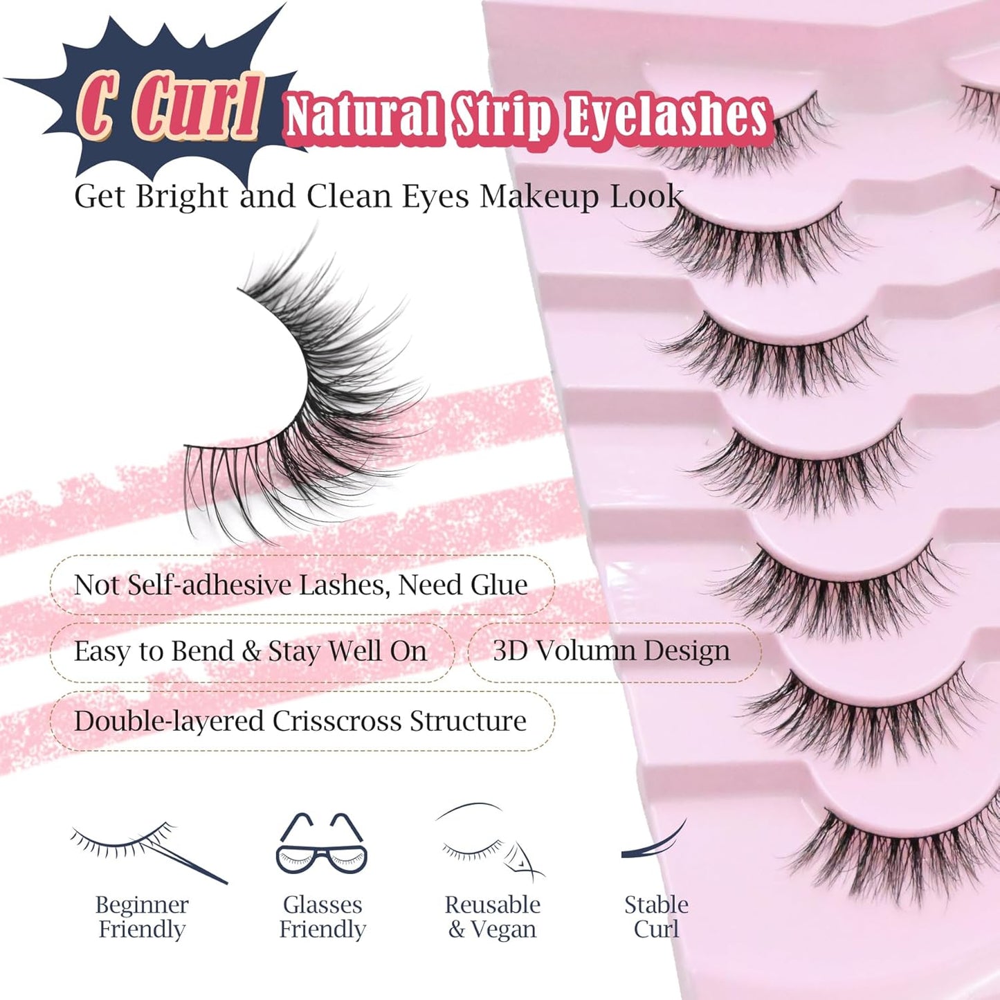 Eyelashes Natural Cat Eye Lashes 13mm Wispy Lashes False Eye Lashes with Thin Cotton Band C Curl Fake Eyelashes 3D Volume Lash Pack 7 Pair Siligli-FemmiqueWomen