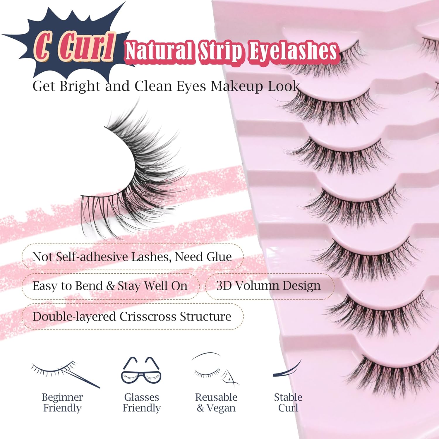 Eyelashes Natural Cat Eye Lashes 13mm Wispy Lashes False Eye Lashes with Thin Cotton Band C Curl Fake Eyelashes 3D Volume Lash Pack 7 Pair Siligli-FemmiqueWomen