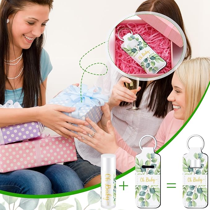 18 Sets Baby Shower Bridal Shower Favors for Guests Bulk Lip Balm and Lipstick Holder Keychains Set Baby Shower Bridal Shower Goodies Bags Thank You Gifts for Guests(Eucalyptus Baby)-FemmiqueWomen