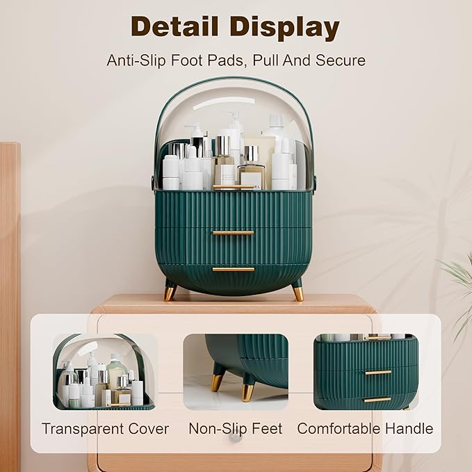 Makeup Organizers and Storage Make up Organizer for Vanity Cosmetics Skincare With Lid and Drawers Display Cases for Countertop Bathroom Women Teenager Girl Gifts(Dark Green+Brush Holder)-FemmiqueWomen
