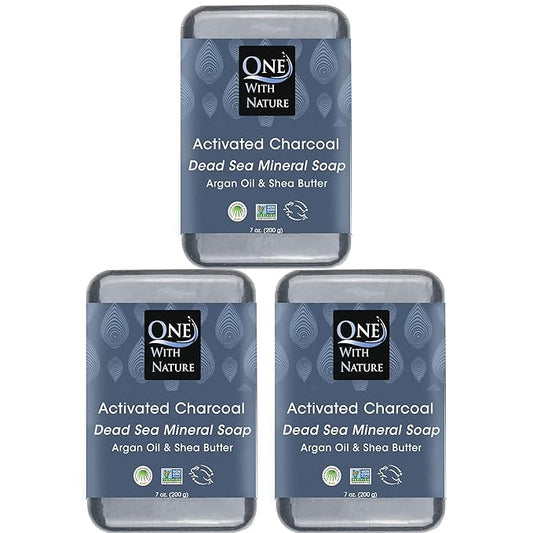 One With Nature Activated Charcoal Soap 7oz 3-Pack – Detoxifying and Exfoliating Charcoal Soap Bar with Dead Sea Salt for Face & Body, for Men & Women-FemmiqueWomen