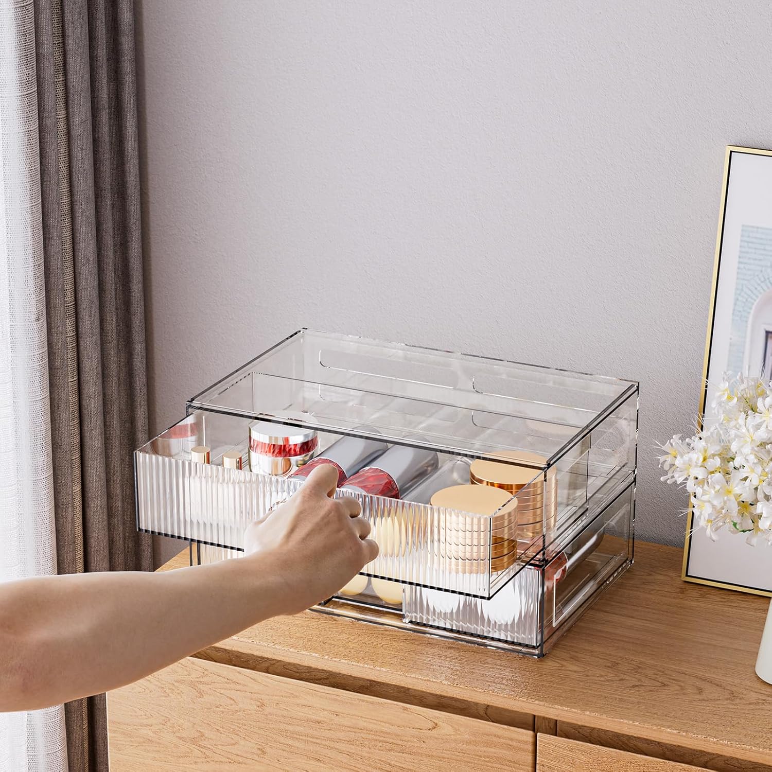 ZHIAI Stackable Storage Drawer, 2 Piece Acrylic Organiser for Cosmetics and Beauty Products, Suitable for Dressers, Bathrooms, Cabinets, Storage Rooms, Bedrooms and Home Organisers-FemmiqueWomen
