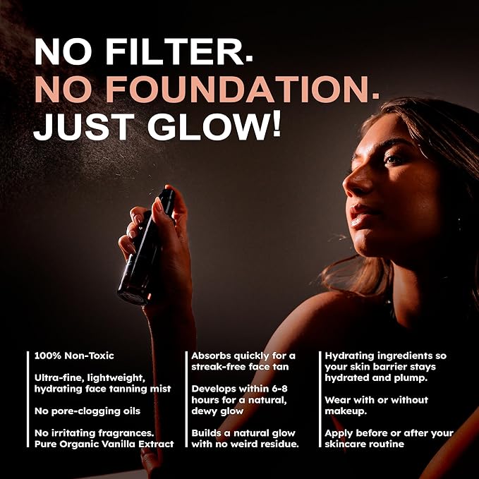Face Tanning Mist, Organic Ingredients, Sunless Self Tanner, Bronzing, Hydrating, Steak-Free, Long Lasting Glow-FemmiqueWomen