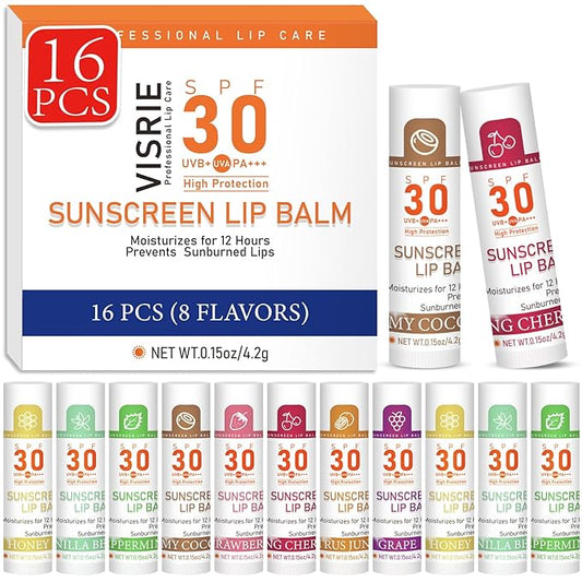 SPF 30 Lip Balm with Sunscreen, SPF Lip Balm Bulk Travel Size-16 Pack, Hydrating Lip Balm Pack with Vitamin E and Coconut Oil- 8 Flavors-FemmiqueWomen