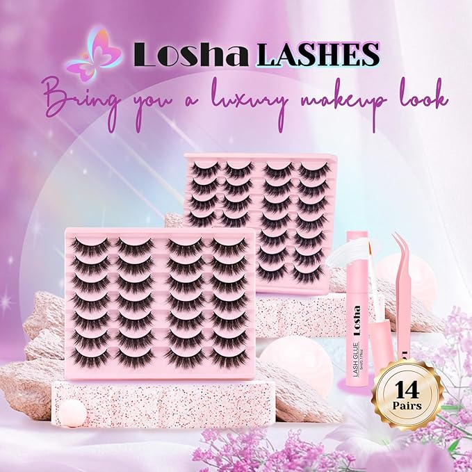 Losha Lashes Fluffy False Eyelashes 5D Volume Eye Lashes Kit with Lash Glue and Lash Tweezers 14 Pairs Vegan Fake Eyelashes Soft Faux Mink Lashes Pack (Thrives)-FemmiqueWomen
