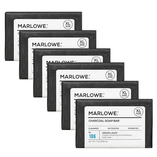 MARLOWE. No. 106 Charcoal Soap 7 oz (6 Bars) Body Bar Soap for Men, Cleansing, Purifying & Hydrating with Natural Extracts, Shea Butter, Olive Oil & Green Tea Extracts, Fresh Woodsy Scent-FemmiqueWomen
