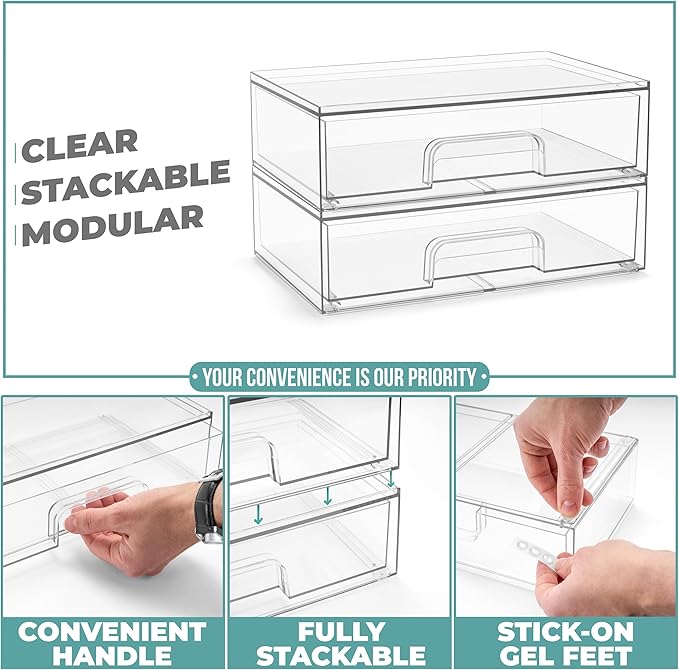 Sorbus Acrylic Storage Containers - 2 Pack, Stackable Storage Bins Set for Bathroom Organization - Clear Acrylic Drawer Organizers - Makeup Case Pull-Out Drawers (12.1’’ Wide)-FemmiqueWomen