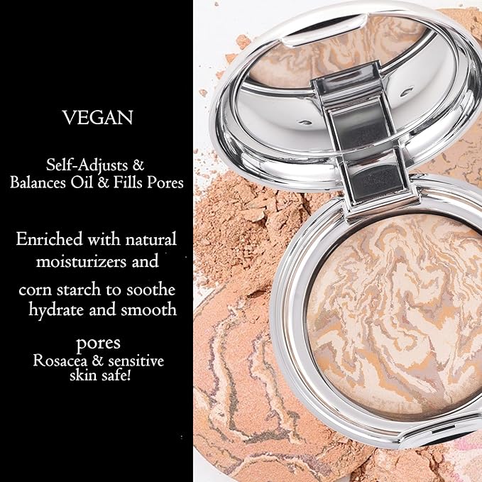 Marbleized Baked Foundation Makeup, Balance and Brighten Color Correcting Powder Foundation - Buildable Light to Medium Coverage - Demi-Matte Natural Finish (#001 FAIR, 0.32 Oz)-FemmiqueWomen