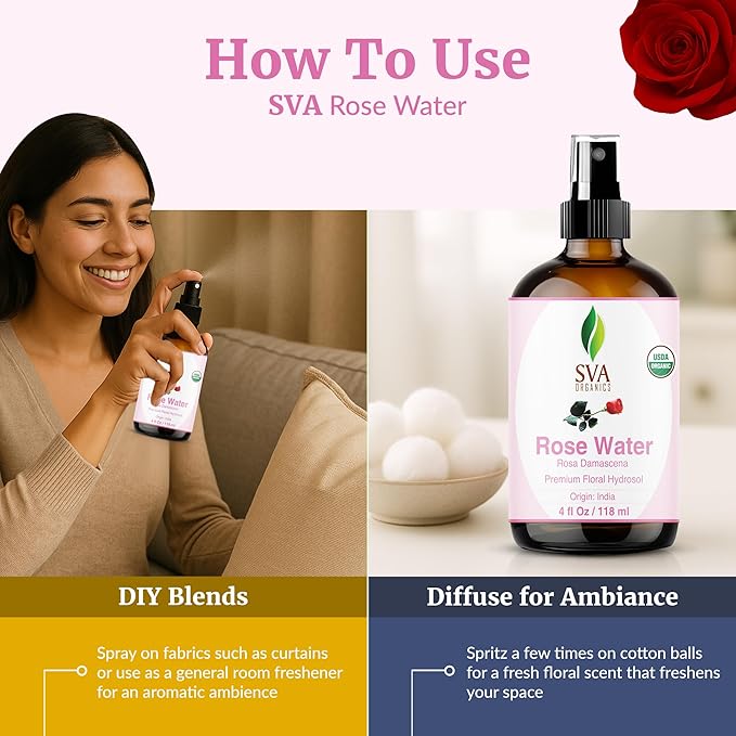 SVA ORGANICS Rose Water 4oz (118 ml) Refreshing Rose Water Spray for Skin Care, Skin Hydration, Bath, Soaps, Haircare & Aromatherapy-FemmiqueWomen