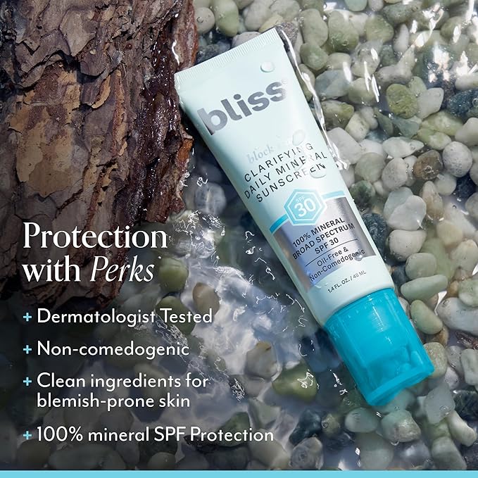 Bliss Block Star Clarifying Daily Mineral Sunscreen Broad Spectrum SPF 30, Blendable Pore Safe Formula for Blemish Prone Skin with Salicylic Acid and Witch Hazel, 1.4 Fl Oz-FemmiqueWomen