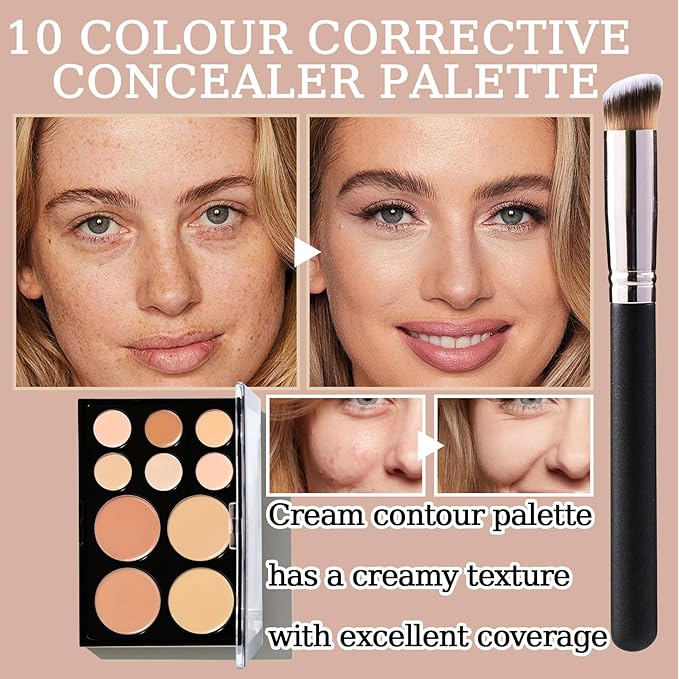 10 Colors Correcting Concealer Palette,Colors Corrector Palette,Moisturizing Full Coverage Liquid Foundation Cream Contour Makeup Palette with Brush-FemmiqueWomen