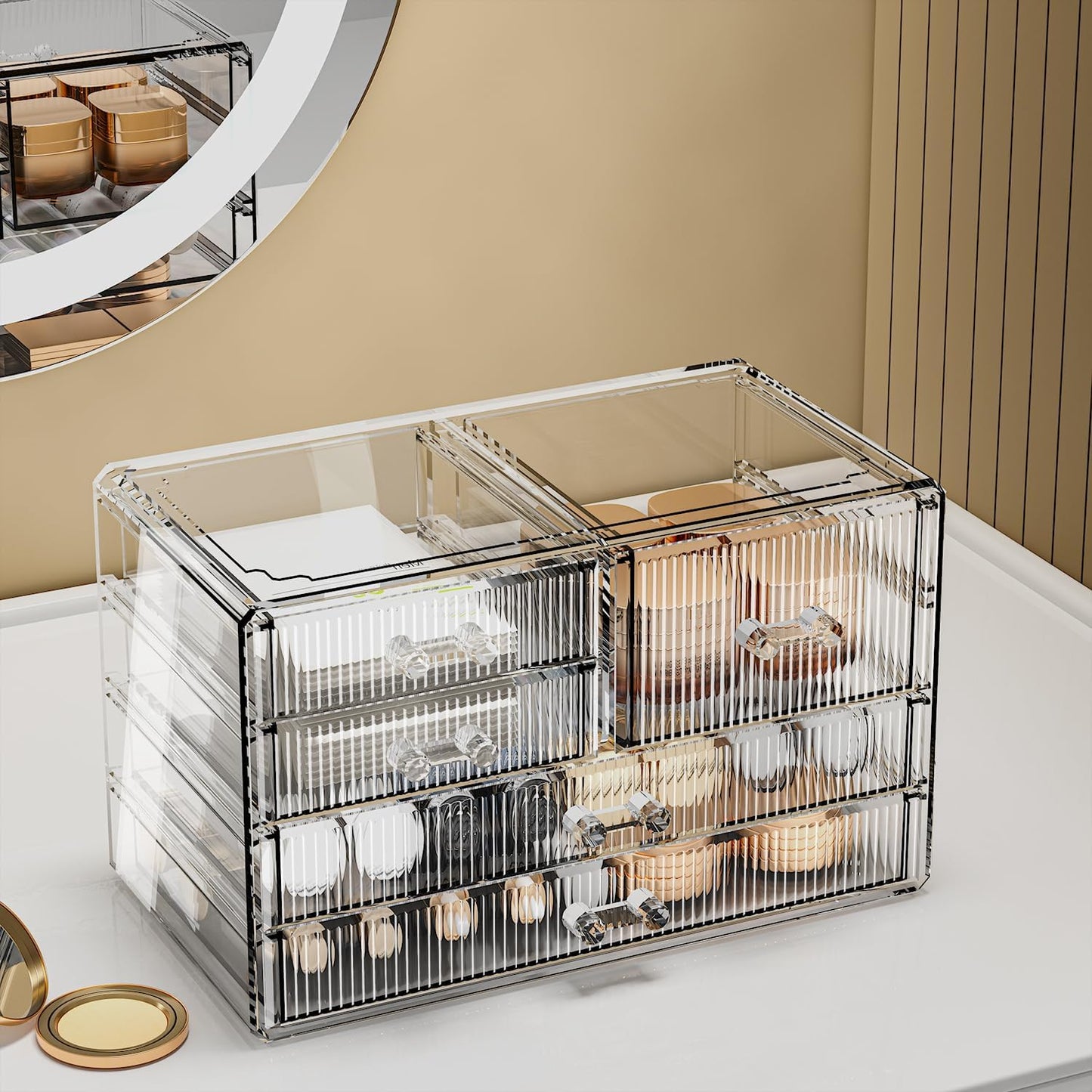 ZHIAI Stackable Storage Drawers, Acrylic Bathroom Counter Organizer Clear Makeup Organizers for Vanity, Kitchen Cabinets, Bathroom, Undersink, Home Organization and Storage (5 Drawers, Pattern E)-FemmiqueWomen