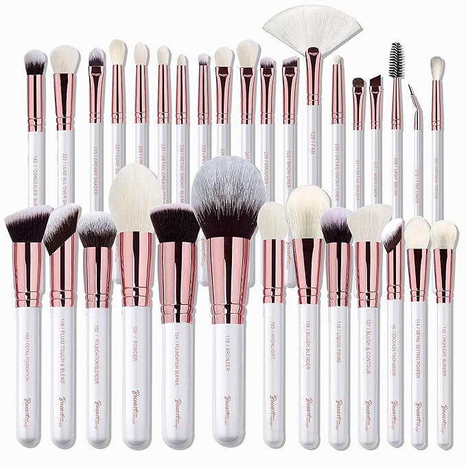 Pro makeup Artist Brushes Set 32Pcs Luxury Goat Hair Horse hair Makeup Brush Set eye and face brushes for every possibility By Bueart Design (Pearl White)-FemmiqueWomen