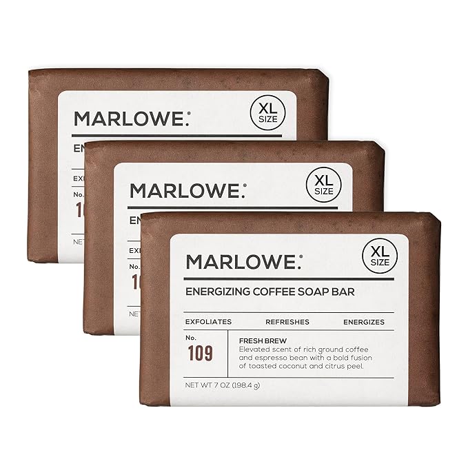 MARLOWE. No. 109 Coffee Bar Soap 7 oz (3 Bars), Body Scrub Soap for Men, Refreshing, Energizing & Exfoliating with Natural Extract, Caffeine, Coffee Bean & Cocoa Butter, Fresh Brewed Scent-FemmiqueWomen