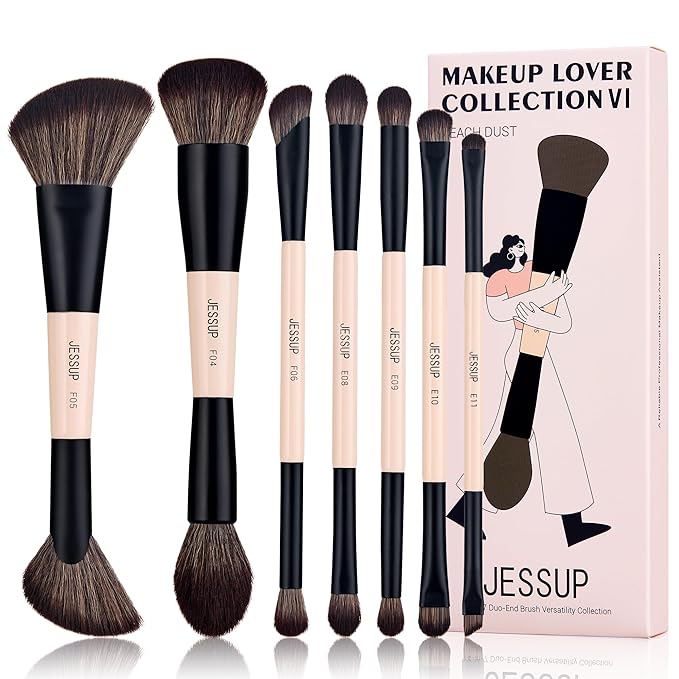 Jessup Makeup Brushes Set 7pcs Double Sided Makeup Brushes for Foundation Concealer Blush Eyeshadow Contour Bronzer Powder Blending Eyebrow Eyeliner, Cruelty-Free Make up Brushes Peach Dust T600-FemmiqueWomen