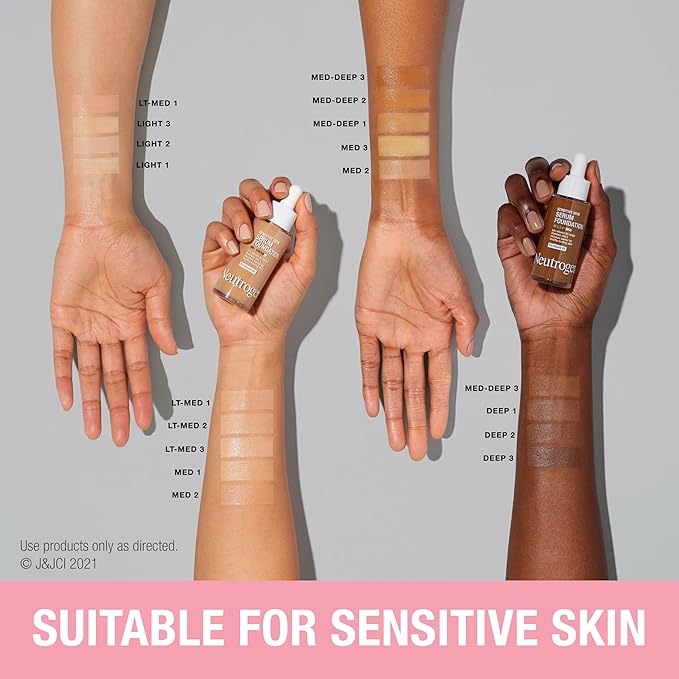 Neutrogena Healthy Skin Sensitive Skin Serum Foundation with Pro-Vitamin B5, Color Correcting & Pore Minimizing Liquid Foundation & Face Serum, Buildable Coverage, Medium/Deep 01, 1 oz