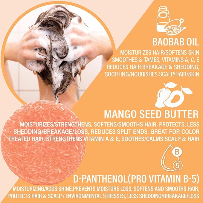 Shampoo Bar, Natural, Made in USA, Up to 60 Washes, Vegan, Sulfate Free, Mango, 2.2 Ounce, Shampoo Bar All Hair-FemmiqueWomen
