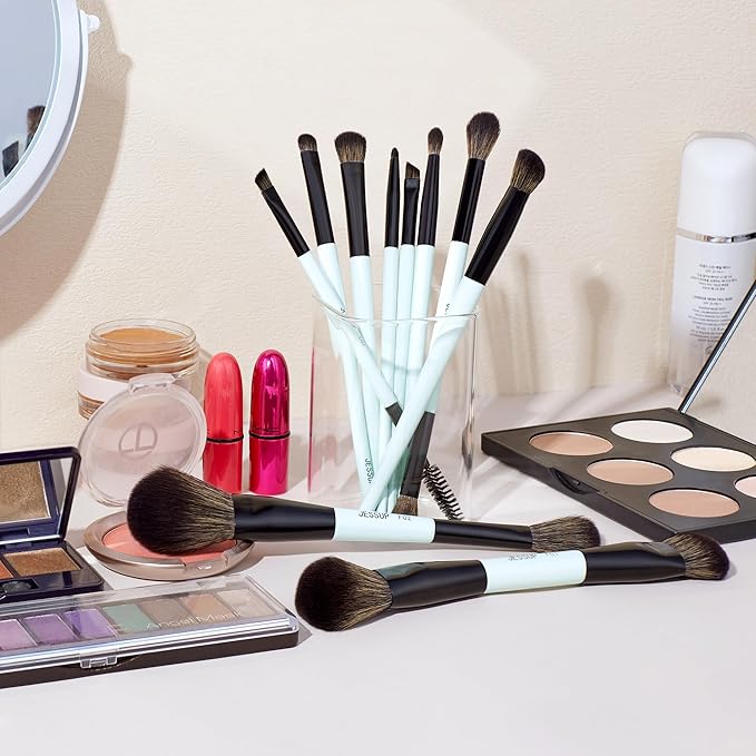 Jessup Makeup Brushes Set 10pcs, Double Sided Foundation Contour Blush Highlight Blending Eyebrow Brush Eyeshadow Eyeliner Concealer Brush, Bright Cyan Cruelty Free Cosmetic Tools T500-FemmiqueWomen